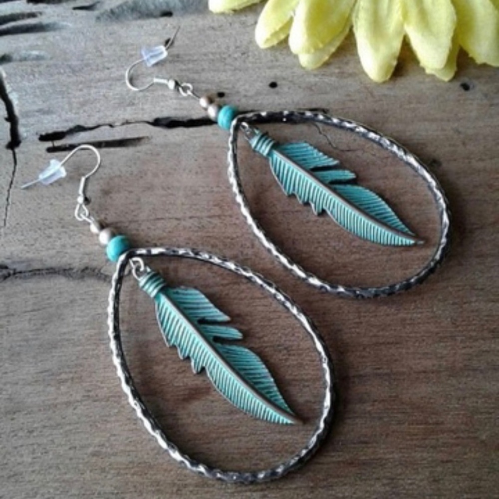 Bohemian Turquoise feather earrings.